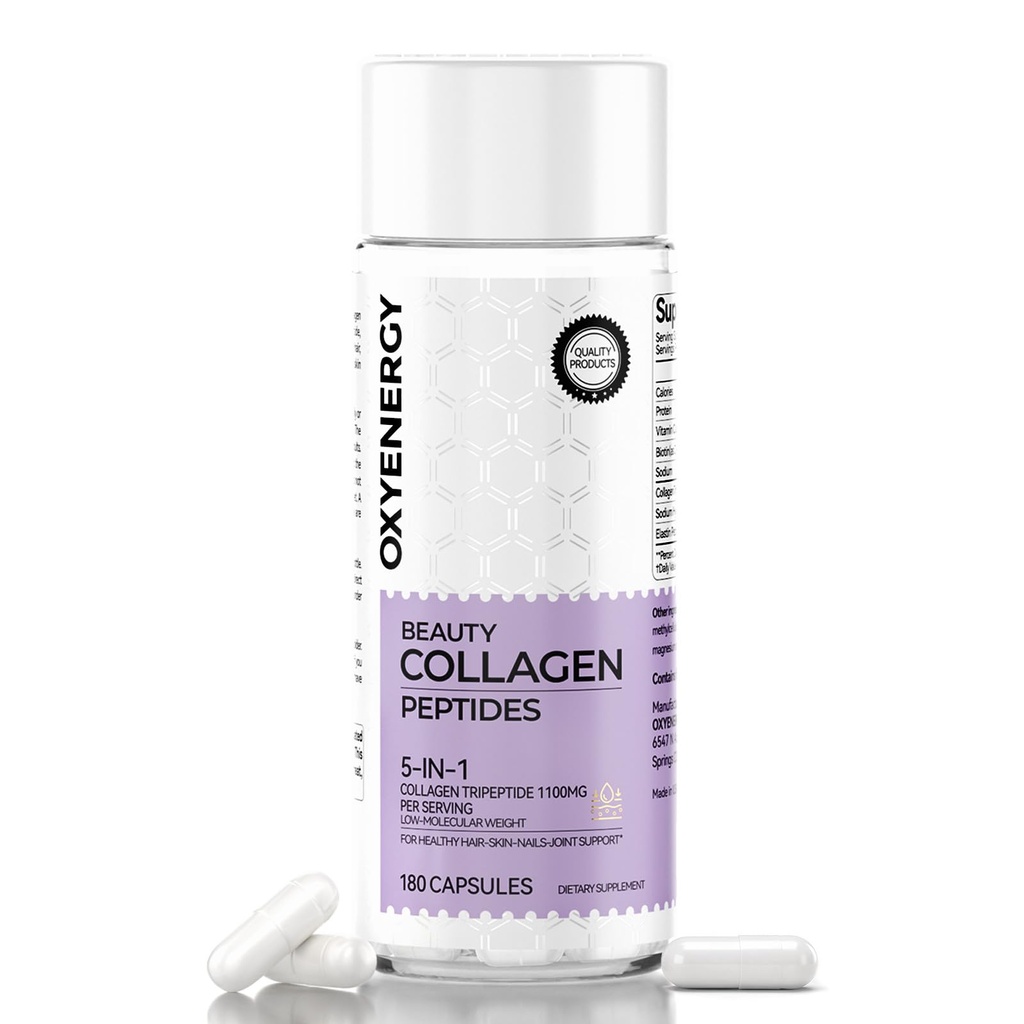 OxyEnergy Collagen Peptides Capsules pour femmes, 1100mg Tripeptides de collagène hydrolysés (types I) suppléments avec biotine et vitamine C, 180 pilules de collagène pour favoriser les cheveux, ongles, peau, 2 mois d'approvisionnement