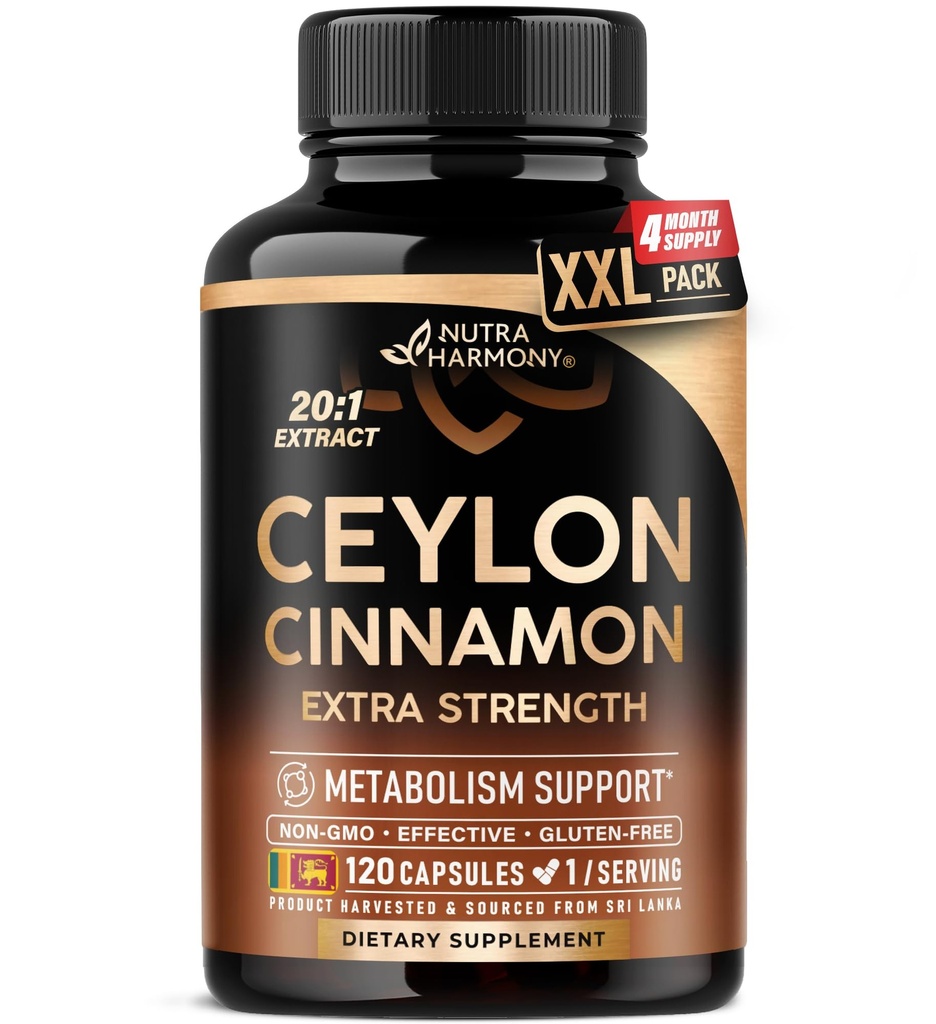 Ceylan Capsules de cannelle - Extra Strength - Soutien énergétique, cardiaque et métabolique - pour les hommes et les femmes - Supplément extrait naturel pur 20:1 - Fabriqué aux États-Unis - sans OGM et sans gluten, 120 capsules, 4 mois d'approvisionnement