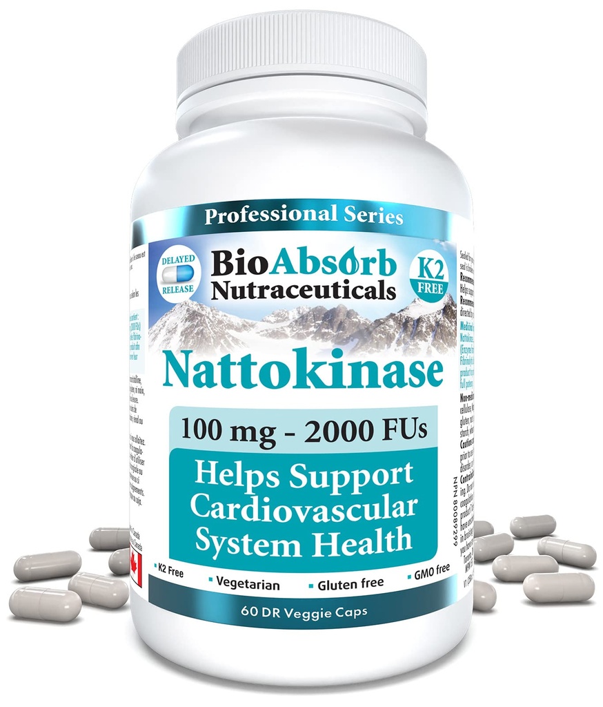Bio Absorb Nattokinase Supplement. Niet-GMO Natto Extract Enzyme. 100 mg, 2000 FUs. 60 Veggie Caps (60-dagen levering)