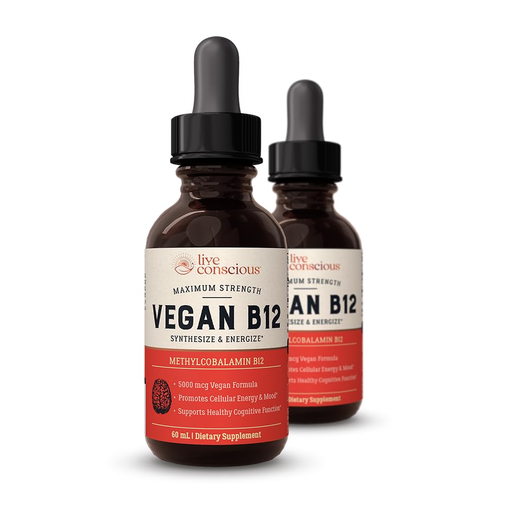 Vitamine végane vivante consciente B12 gouttes liquides sublinguales méthylcobalamine Max Strength B12 5000mcg Formule - Végétalienne B 12 Vitamine support énergie, promouvoir la mémoire et l'aide système immunitaire (2 Pack)