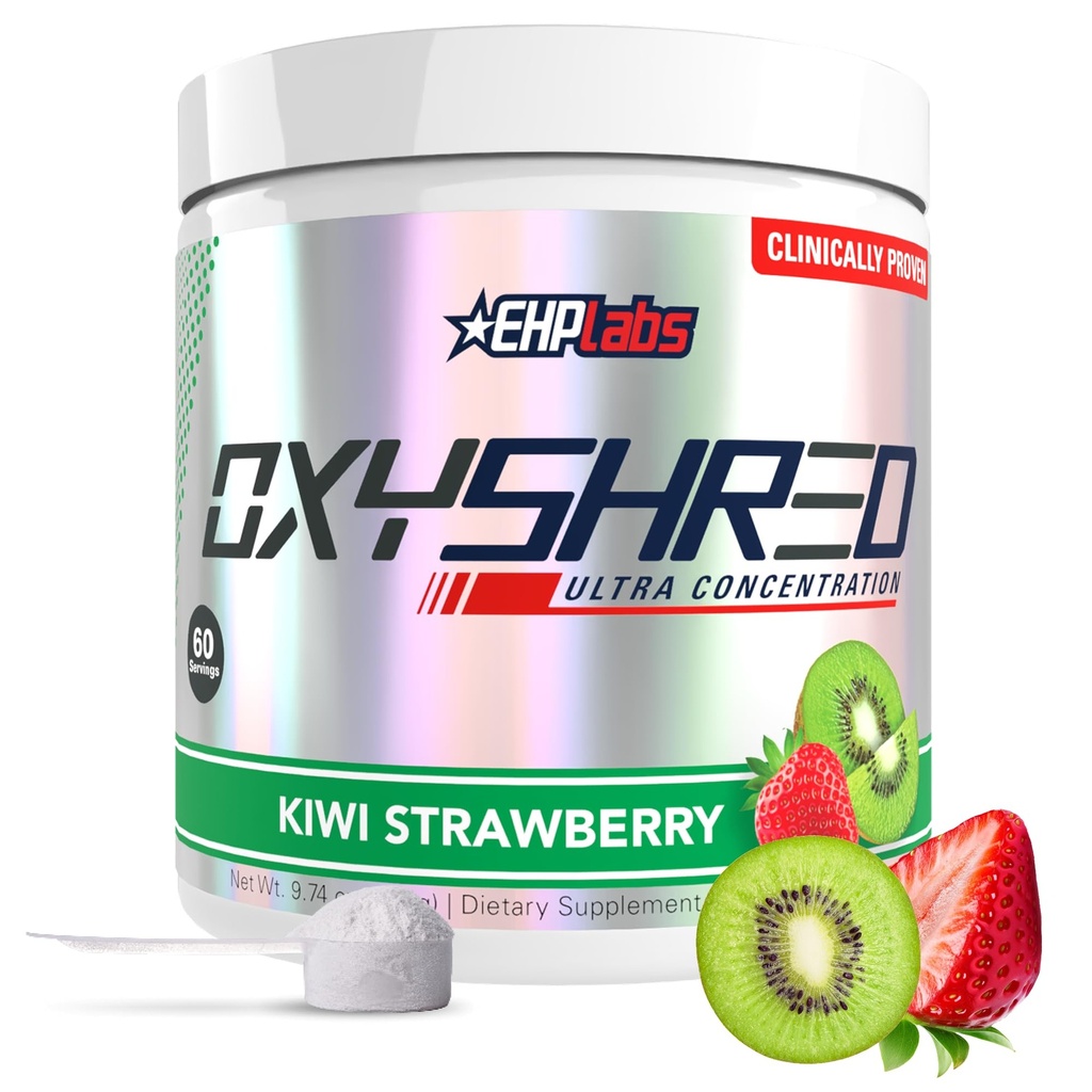 EHP Labs OxyShred Pre Workout Powder - Preworkout Powder with L Glutamine & acétyl L Carnitine, Boissons Energy Boost - Kiwi Fraise, 60 portions