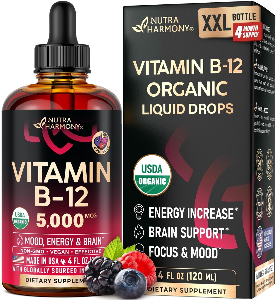USDA Organic Vitamin B12 Sublingual Drops - 5000 mcg Liquid Vegan Methylcobalamine for Women & Men - Energy Boost, Focus & Mood, Brain Health Support - Maximalize Absorptie - 4 maand supply, 4 fl oz