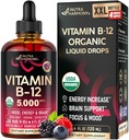 USDA Organic Vitamin B12 Sublingual Drops - 5000 mcg Liquid Vegan Methylcobalamine for Women & Men - Energy Boost, Focus & Mood, Brain Health Support - Maximalize Absorptie - 4 maand supply, 4 fl oz