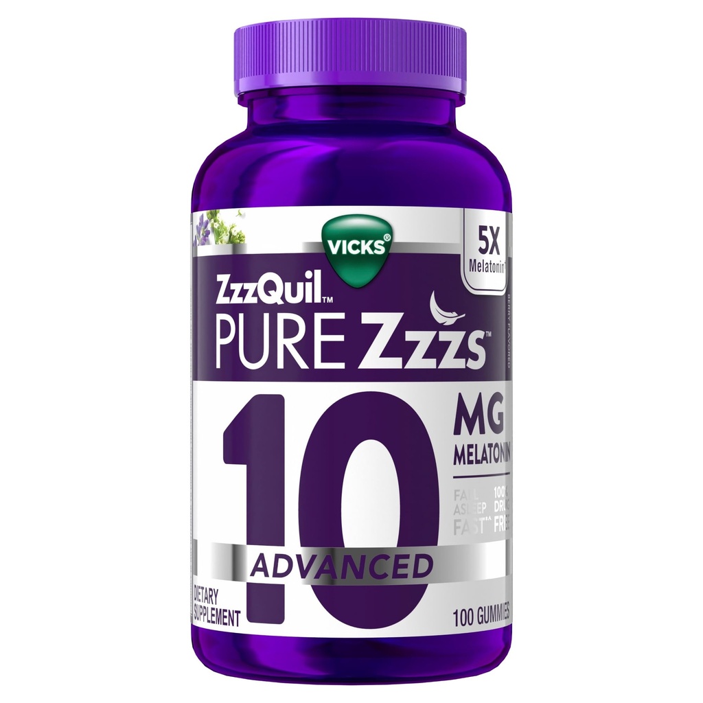 ZzzQuil Pure Zzzs Advanced Melatonin Gummies, Melatonin 10mg, Aide au sommeil, avec Camomille et lavande, Melatonin Gummies de sommeil, Aide au sommeil pour les adultes, Berry Flavored, 100 Gummies de sommeil