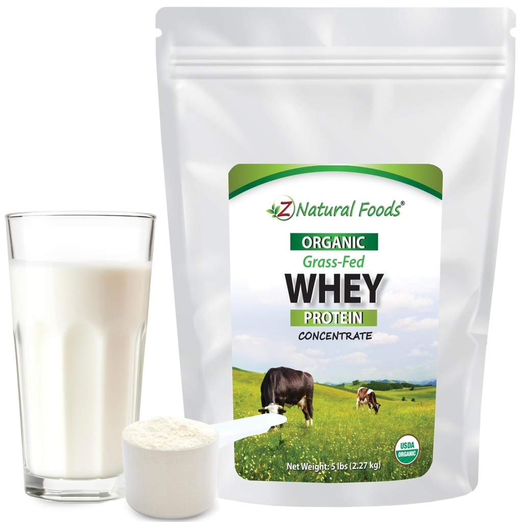 Z Natural Foods Biologische Wei Proteïne Concentraat - Nutriënt-Dense Gras Fed Wei Proteïne Poeder - Koud Verwerkt Pure Wei Proteïne met Essentiële Aminozuren voor Voeding & Fitness, Unflavored, 5 lbs