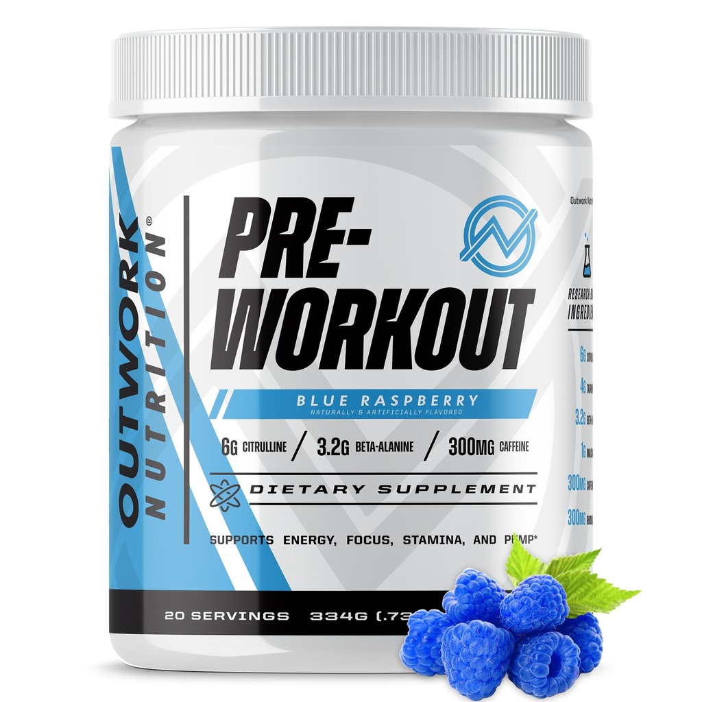 Outwork Nutrition Pré-entraînement pour les hommes et les femmes - Nootropic Pré-travail sans créatine, pré-entraînement en poudre avec Taurine Rhodiola Citrulline Malate Beta Alanine Caféine (Blue Raspberry)