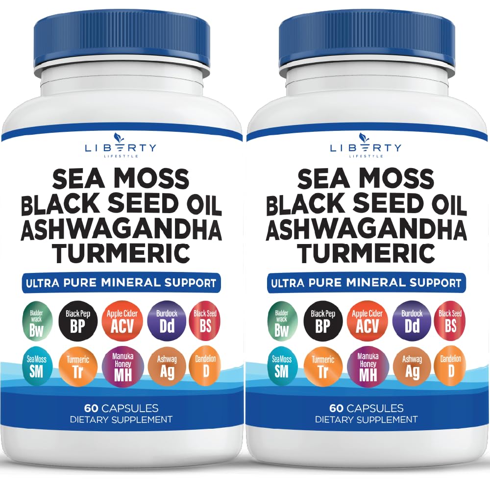 Sea Moss Huile de graines noires Ashwagandha Turmeric Bladderwrack Burdock - avec Manuka, miel Dandelion, vinaigre de cidre noir sans gluten - 2-pack