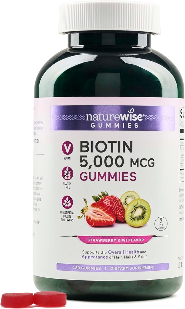 NatureWise Biotin Gummies - Ondersteunt gezond haar, huid en sterke nagels - Vitamine B7 5000mcg - Natuurlijke schoonheid - Aardbei-Kiwi Flavor - Veganistisch, Niet-GMO, Glutenvrij - 180 Tellen[90 Dag Levering]