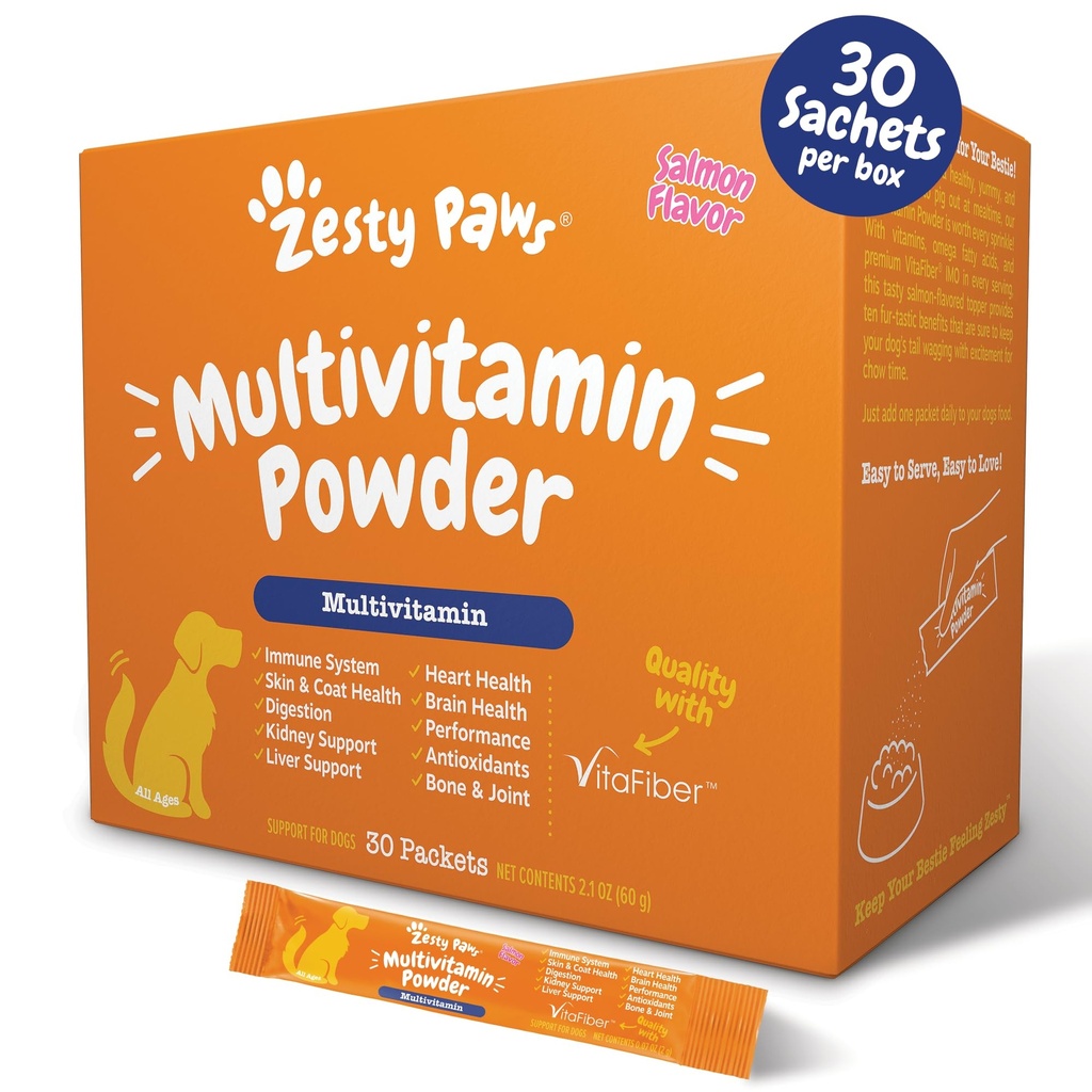 Zesty Paws 10-in-1 Hondenmultivitamine - Gut, Immune, Joint, Skin & Coat Support, en nog veel meer - Hondenvitaminen en supplementen Poeder - Huisdiersupplementen met Omega Fish Oil & VitaFiber - Zalm - 30 Ct