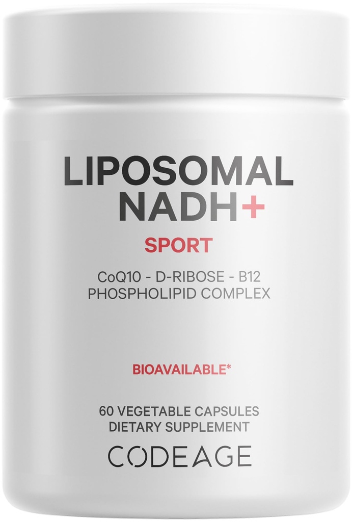 Codeage Liposomique NADH+ Supplément - NADH, vitamine B12, D-Ribose en bioénergie Ribose, CoQ10-2-Mois - Livraison liposomique - Adénine dinucléotidique β-Nicotinamide Pills - Non-OGM - 60 Capsules