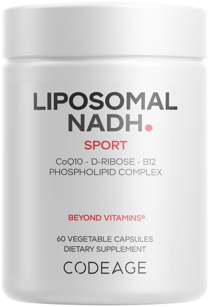 Codeage Liposomique NADH+ Supplément - NADH, vitamine B12, D-Ribose en bioénergie Ribose, CoQ10-2-Mois - Livraison liposomique - Adénine dinucléotidique β-Nicotinamide Pills - Non-OGM - 60 Capsules