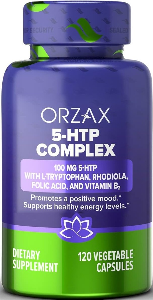 ORZAX 5-HTP 200mg Supplement Capsules met L-Tryptofaan, Rhodiola, Vitamine B2, en Foliumzuur - Ondersteunt vitaliteit en Innerlijke Vrede Supplementen 100mg 5HTP Per Serving, 120 Capsules