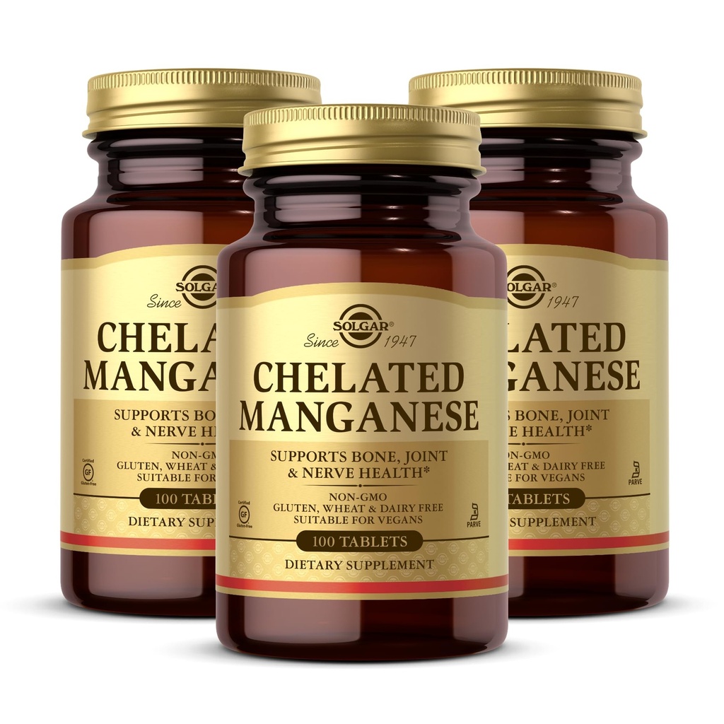 Solgar chelated Mangaan - 100 tabletten, verpakking van 2 - Ondersteunt bot, gewrichts- en zenuwgezondheid - Non-GMO, veganistisch, glutenvrij, zuivelvrij, Kosher - 200 totale porties