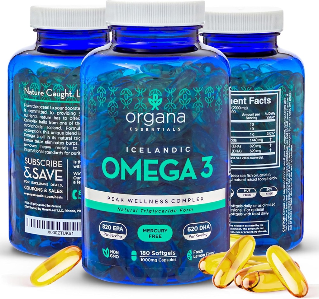Omega 3 Fish Oil 2000 mg - High EPA 820 mg + DHA 620 mg - 180 Triple Strength Burpless Lemon Flavored Softgels