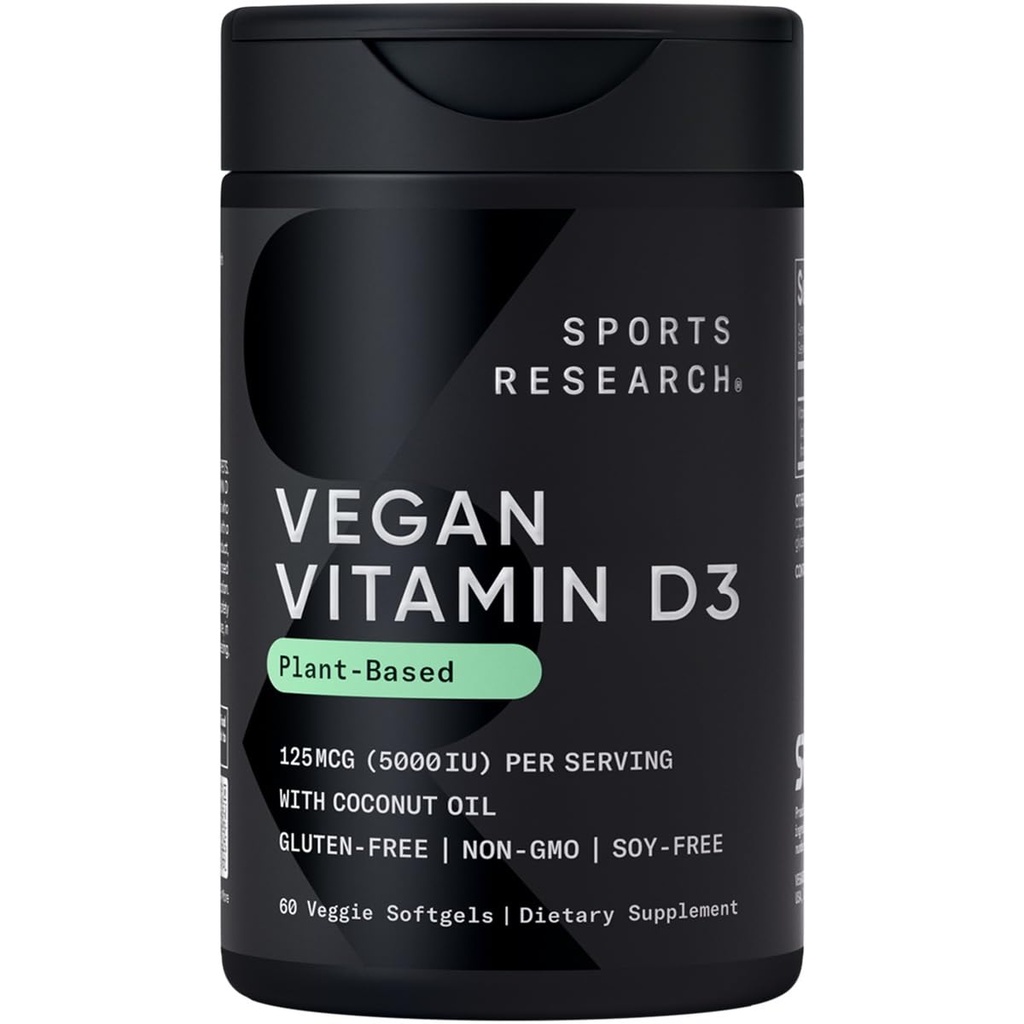 Sportonderzoek Vegan Vitamin D3 5000IU (125 mcg) met Kokosolie 100% plantaardige vitamine D voor bot, Joint & Immune Support Carrageen Free, Vegan Certified & Non-GMO Geverifieerd (60 Softgels)