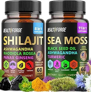 Shilajit, Ashwagandha Capsules & Sea Moss Capsules Black Seed Oil Capsules Ashwagandha, Turmeric - Shilajit pour Femme Homme Immmune Support Rhodiola Rosea, Shilajit 60 Capsules & Sea Moss 60 Capsules Set