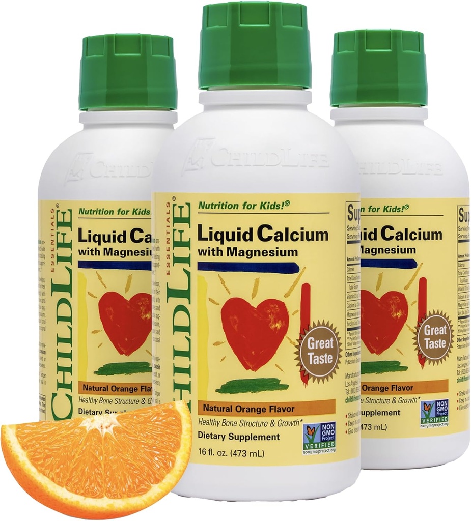 ChildLife Essentials Liquid Calcium Supplement voor kinderen - Baby Calcium met Magnesium, Zink en Vitamine D3 - Oranje smaak, 16 fl oz (3 Pack)