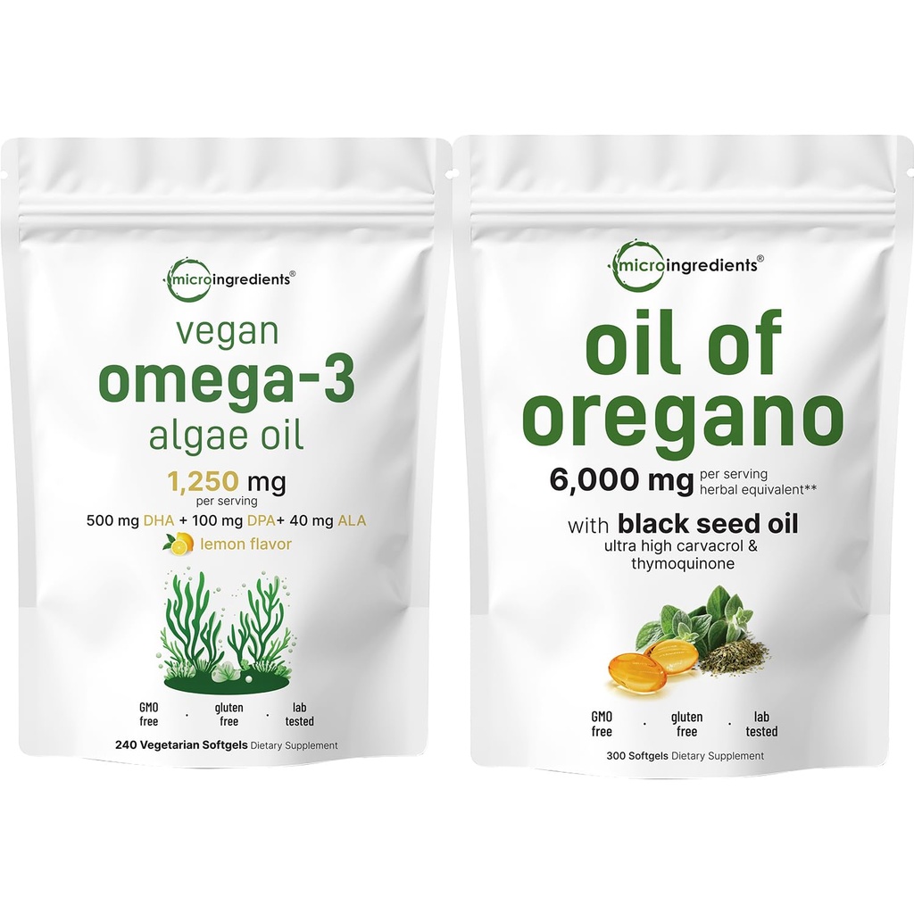 Micro Ingrediënten Olie van Oregano Softgels 300 Graaf & Vegan Omega 3 Algenolie supplement Bundel 2 Pack 