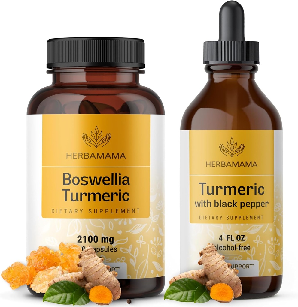 HERBAMAMA Boswellia and Turmeric Kit - Ensemble de 2100 mg Boswellia Turmeric & Turmeric liquide avec Teinture de poivre noir 2 fl oz - végétalien, non OGM, sans sucre et sans alcool - 2 Pack