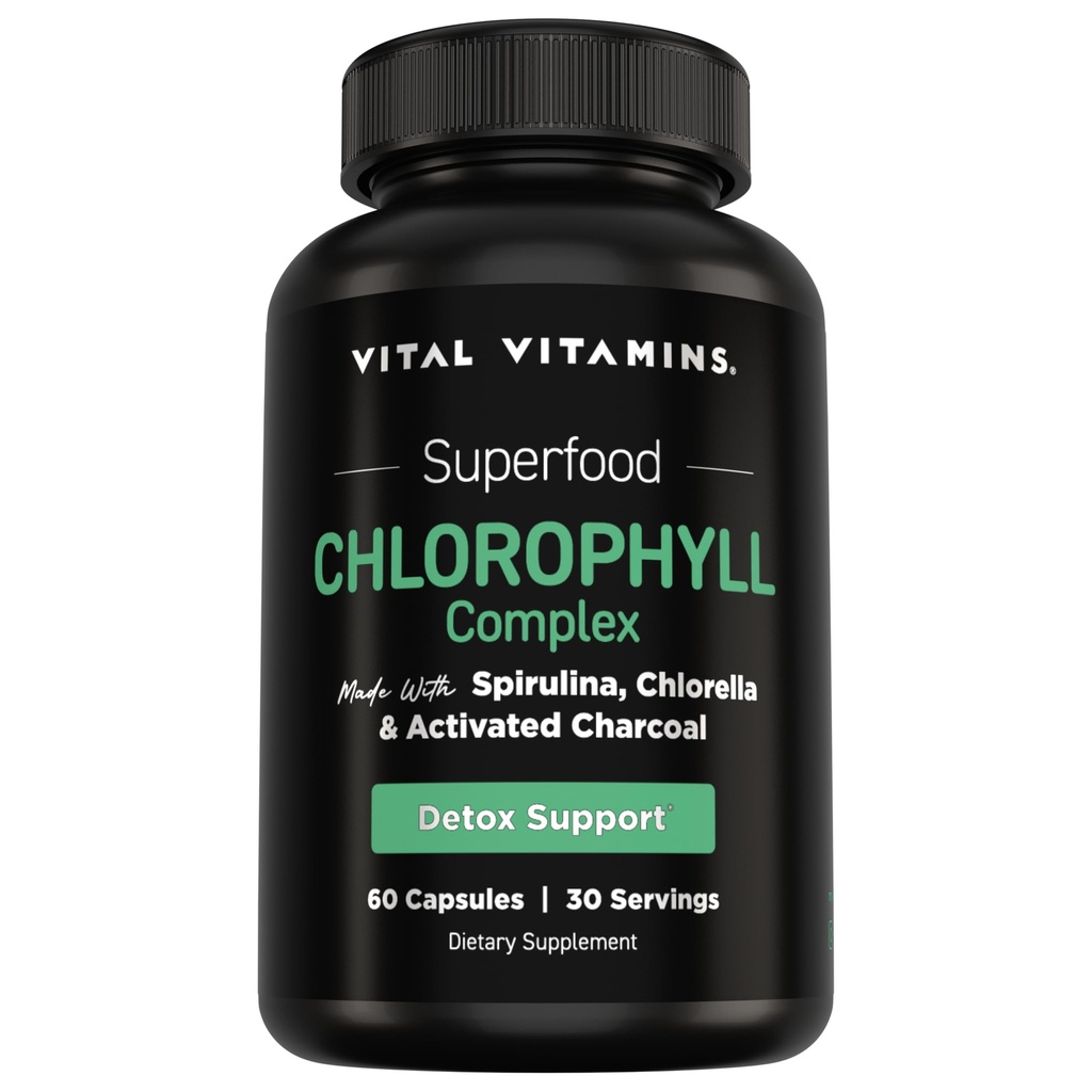 Vitamines vitales Pilules de chlorophylle - Supplément désodorisant pour le corps - Fabriqué avec de la spiruline, de la chlorella, du persil organique, de la menthe et du charbon actif - Odor dénaturée naturellement - pour les femmes et les hommes - 60 capsules