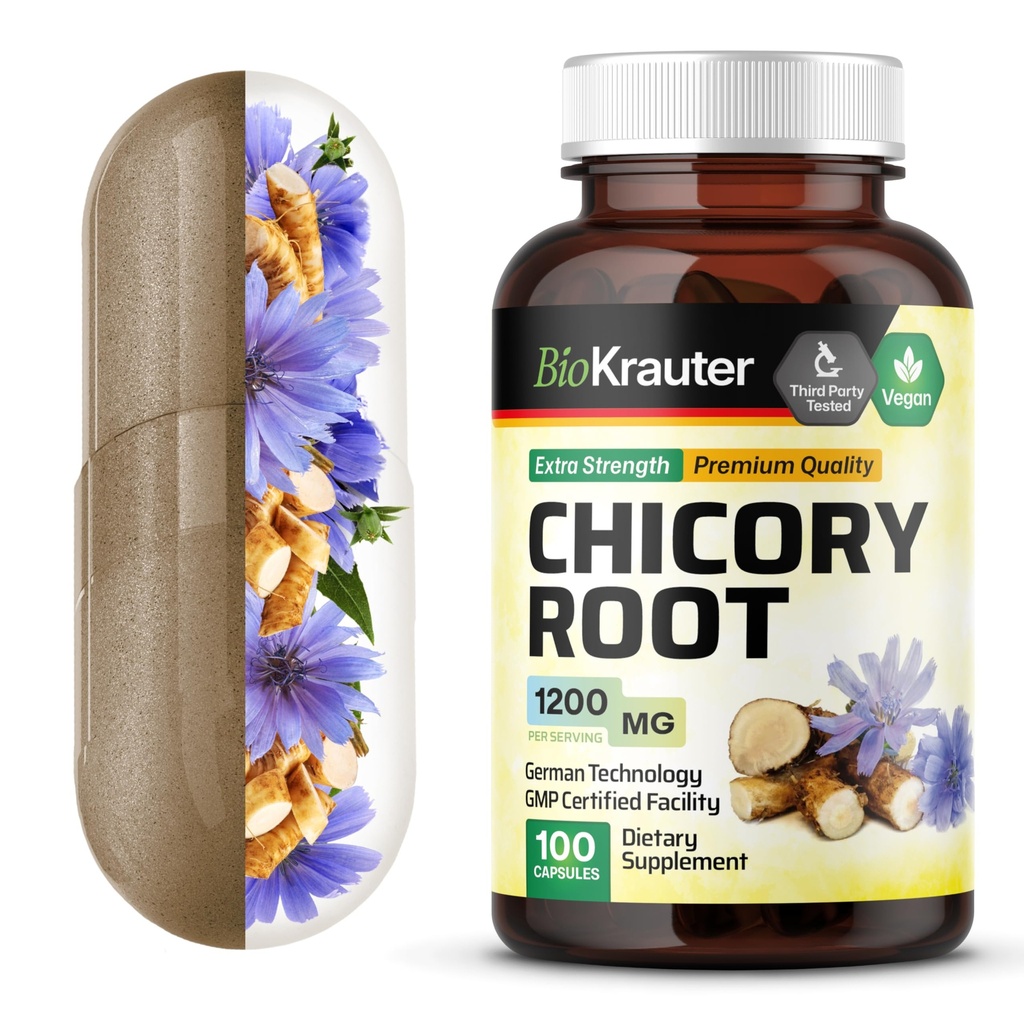 BIO KRAUTER Chicory Fiber Supplement - 1200 mg Sterkte - 100 Telling - Chicory Root Powder - Inulin Capsules for Digestive Support - Vegan