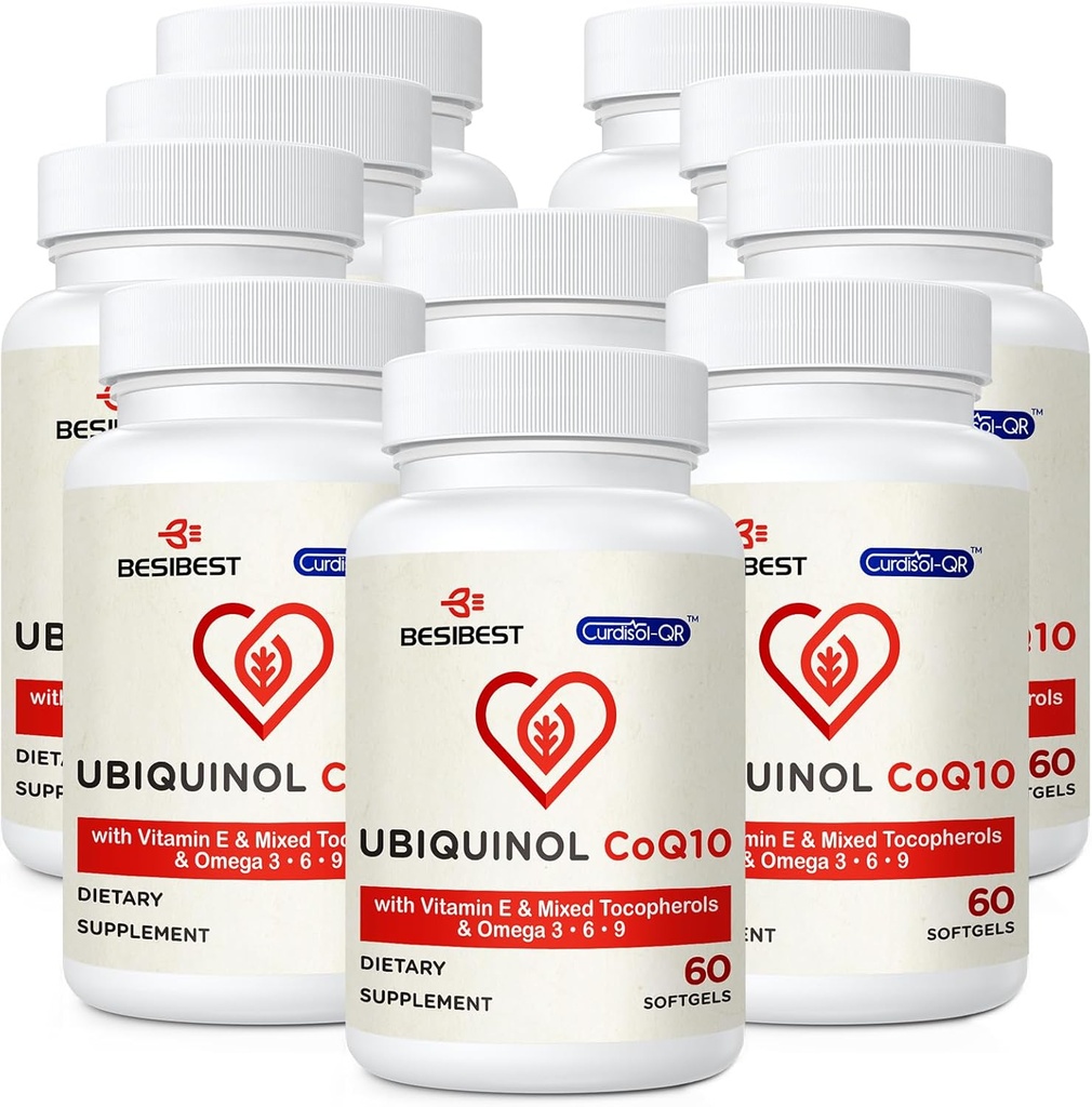 Ubichinol CoQ10-600mg-Softgel, Active Coq10 Ubichinol Supplement met Vitamine E & Omega 3, 6, 9, Hoge Absorptie-Co-enzym-Q10, Krachtige Antioxidant voor Energieproductie, Getest, 600 Tel.