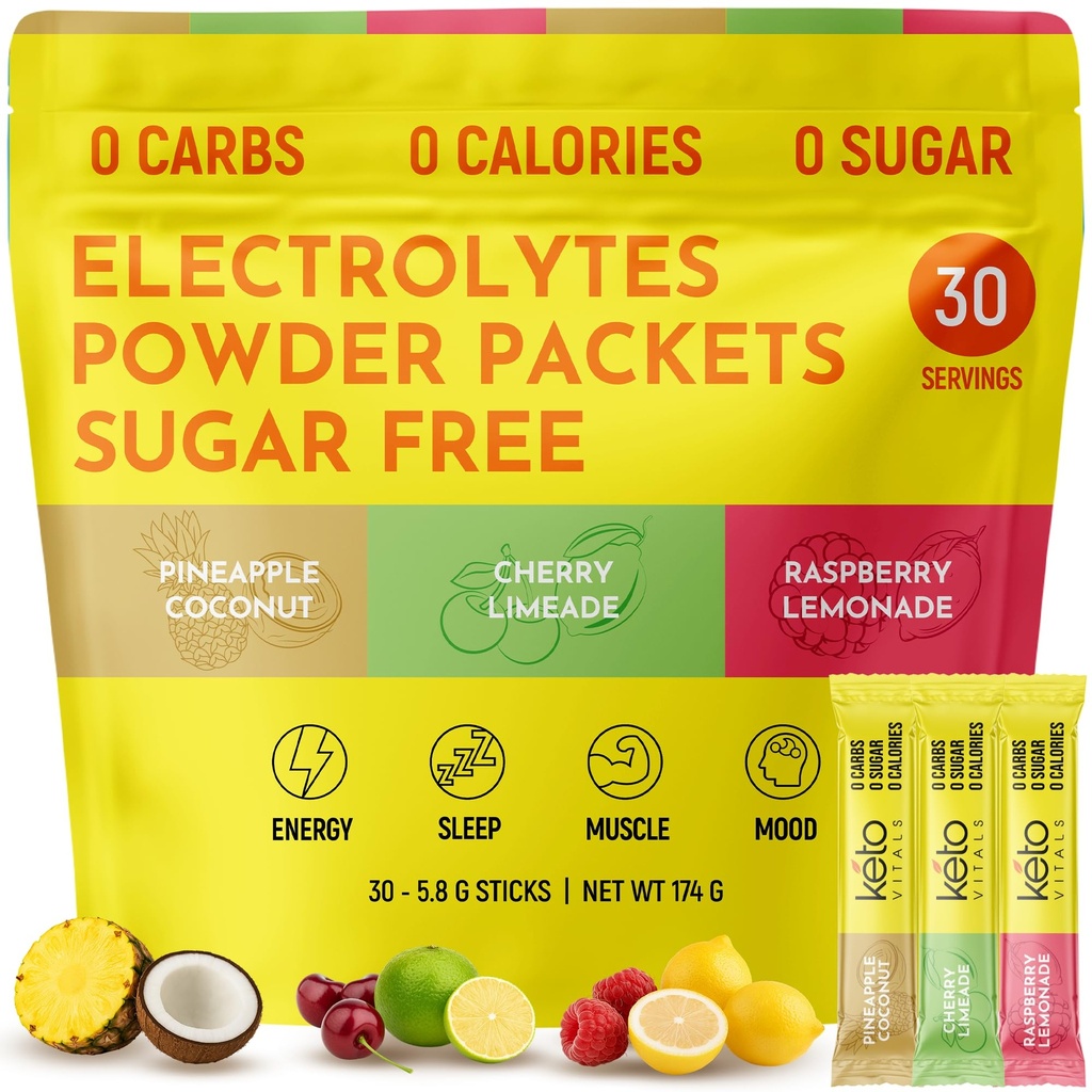 Keto Vitals Tropische Keto Elektrolyten Poeder Geen Suiker - Elektrolyten met Kalium, Magnesium, Natrium, & Calcium - Suikervrije Elektrolyt Poeder Pakjes Drink Mix & Hydration Powder, 30 porties