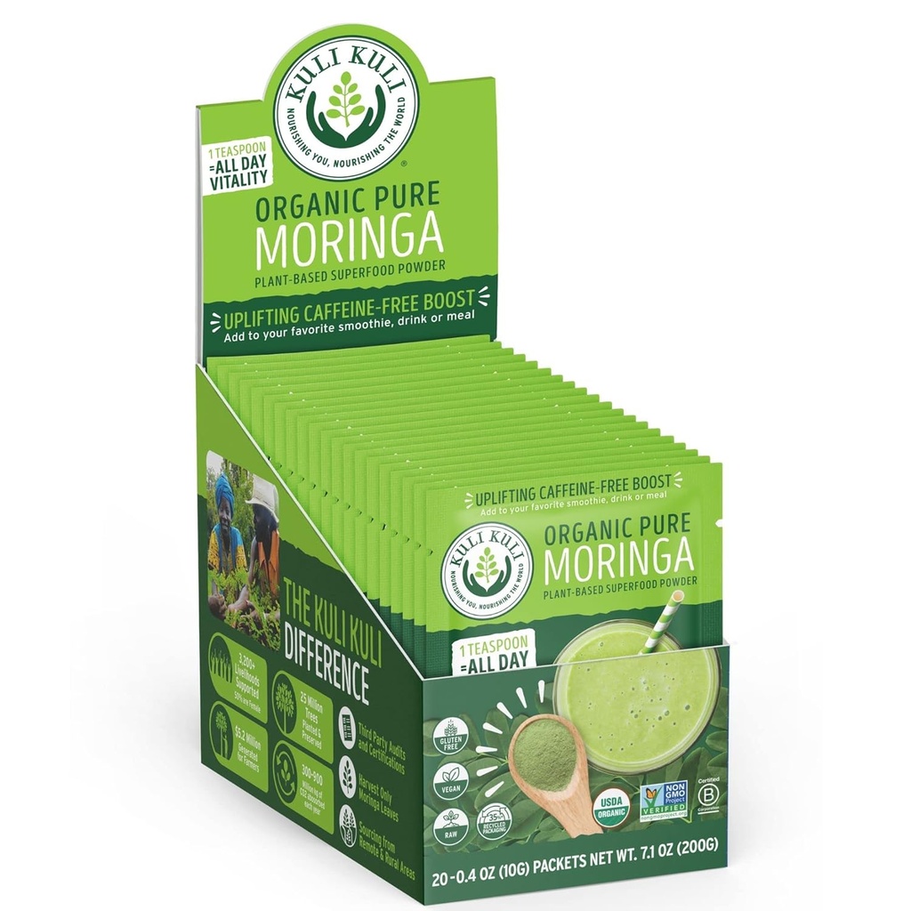 Kuli Kuli Moringa Oleifera Organic Leaf Powder & Green Smoothie, 100% Pure USDA Certified & Non-GMO Moringa Powder, Great with Smoothies, Thee, and Food, 0,4 Ounce, Pack of 20 (KK PM)