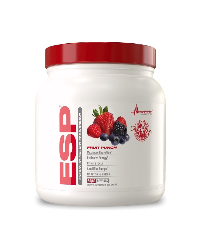 Metabole voeding, ESP, Energy and Endurance Stimuleren Pre Workout, Pre Intra Workout, Hoge Energie en Geestelijke Focus, Stimulerende Workout Supplement, Fruit Punch, 300 Gram (90 Servers)