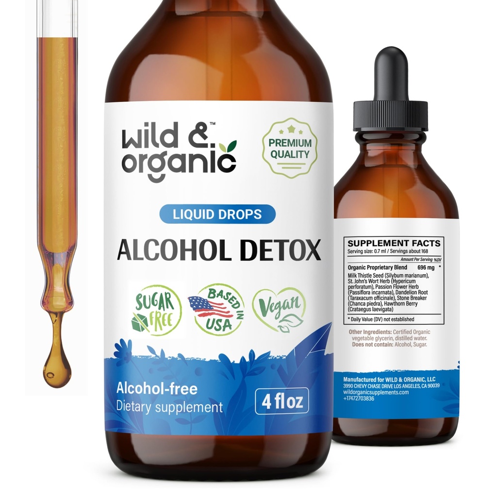 Wild & Organic Alcohol Detox Drops - Lever & nierreiniging met melkdistel, Chanca Piedra Stone Breaker - Anti Alcohol Complex for Liver Cleanse Detox - Vegan, No Sugar & Additives - 4 fl oz
