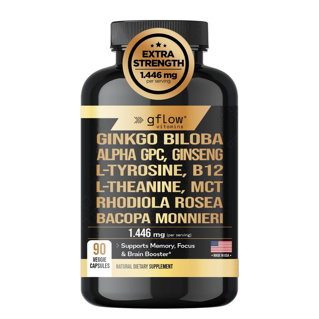 Ginkgo Biloba Alpha GPC Supplément avec Panax Ginseng L Tyrosine avec L Theanine, Bacopa monnieri, Rhodiola Rosea, Phosphatidylserine, B12, MCT, DMAE - Complexe