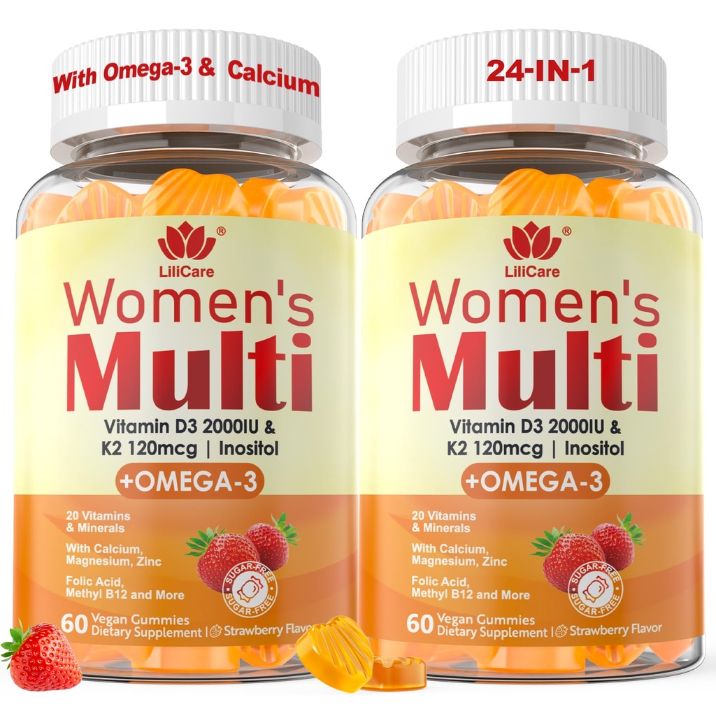 Gummy multivitamine avec Omega 3(DHA/EPA), Vitamine D3 K2, Calcium, Inositol, Complexe Vitamine A C E B des femmes quotidiennes, L-méthylFolat, Méthyl B12,Multamins multivitamines sans sucre Minéraux, 120Cts