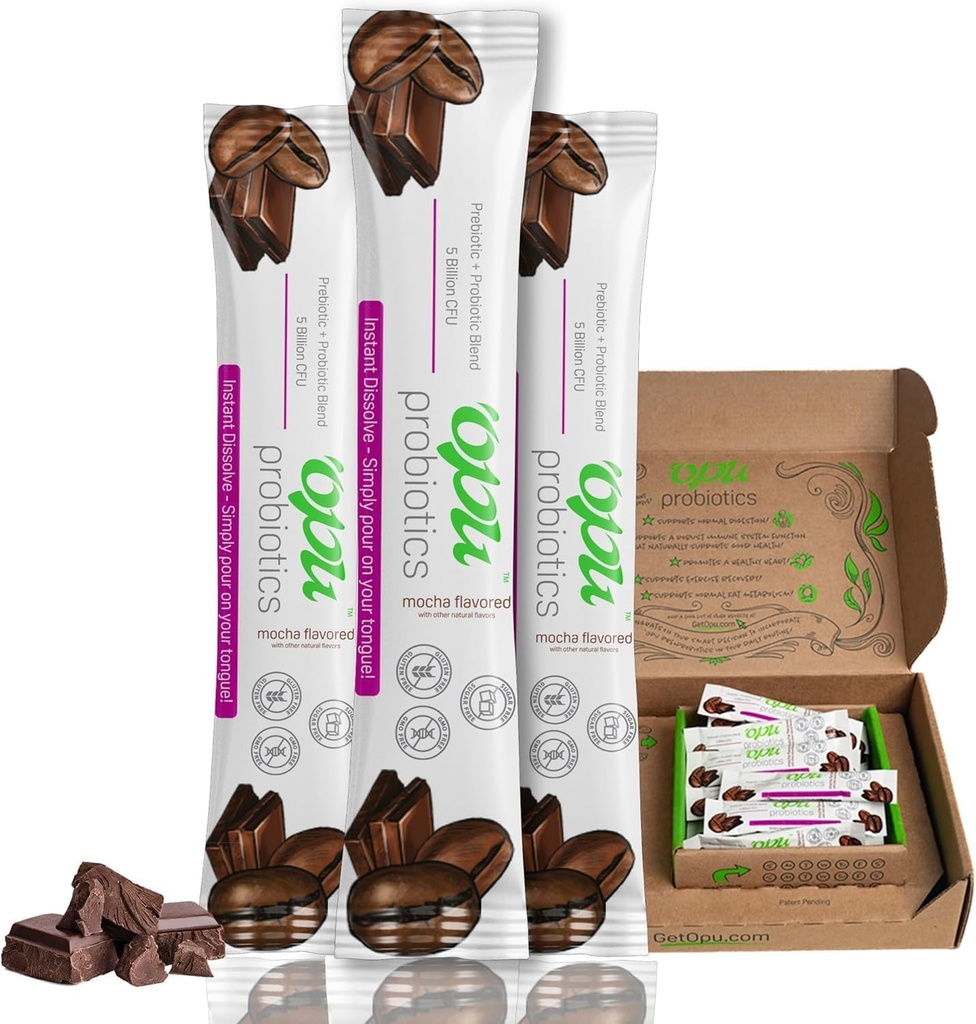 'Opu Probiotica Mocha Instant-Dissolve - One Month Supply - 5 Miljard CFU's - Men, Women & Children w/Prebiotics Sugar Free, Gluten Free, Non GMO