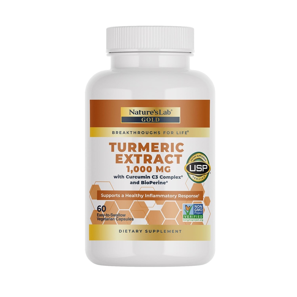 Nature's Lab Kurkuma Extract met Curcumine C3 & BioPerine 1000mg - Bevordert cardiovasculaire, spijsverterings- en immuungezondheid - 60 capsules (30 dagen levering)