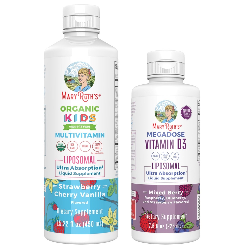 MaryRuth Organics Kids Multivitamine Liposomal (Strawberry Cherry & Vanilla) & Vitamin D3 Liposomal (Mixed Berry) Clean Label Project Geverifieerde ® Vitaminen voor Immunity & All Wellness, Vegan, Non-GMO