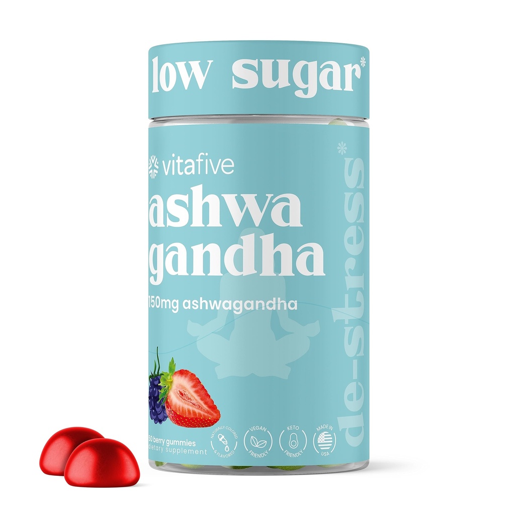Vitafive Ashwagandha Gummies avec vitamine B12, Ashwagandha Gummies pour hommes et femmes, végétalien, sans gluten (50 Ct)