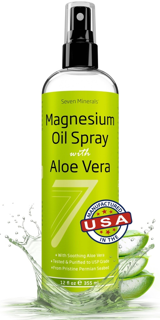 Zeven mineralen Pure Magnesium Oil Spray met Aloë Vera 12oz - Pharmaceutical (USP) Grade, hoogste sterkte met onmiddellijke verlichting voor voeten, slaap, spierpijn en krampen - Mined in The USA