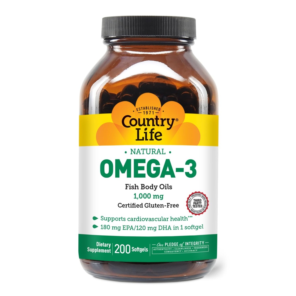 Country Life Omega-3 Visoliesupplement, 1000mg, 180mg EPA & 120mg DHA, Visolieconcentraat, Burpless, 200 Softgels, Glutenvrij gecertificeerd