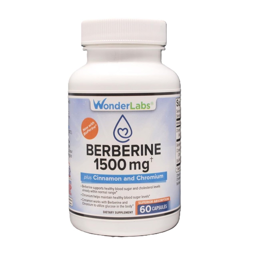 Wonder Laboratories Berberine HCL 1.500mg + kaneel, Chroom, & Bioperine Onderhoud voor Glucose, Hart- & immuunsysteem Gezondheid Gluten & GGO-vrij - 60 capsules