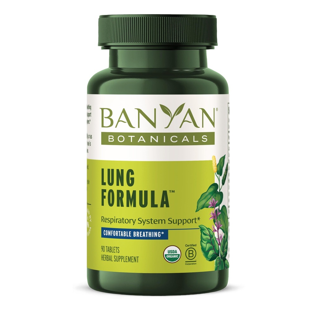 Banyan Botanicals Formule pulmonaire – Soutien respiratoire biologique pour la santé pulmonaire – Mélange à base de plantes avec réglisse, feuilles de Tulsi et autres herbes pour la santé pulmonaire – 90 comprimés – Non OGM Fair for Life Vegan