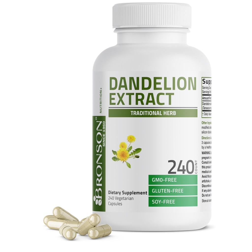 Bronson Dandelion Root High Potency Supplement, ondersteunt algemene goede gezondheid en welzijn, traditionele diuretische kruiden - niet-GMO, 240 Vegetarische capsules