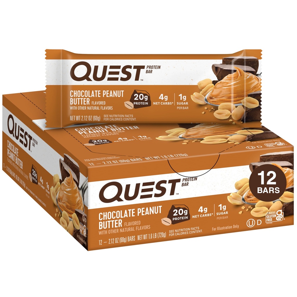 Quest Nutrition Chocolade Pindakaas Bars, 20g Proteïne, 1g Suiker, 4g Net Carb, Glutenvrij, Keto Vriendelijk, 12 Tellen