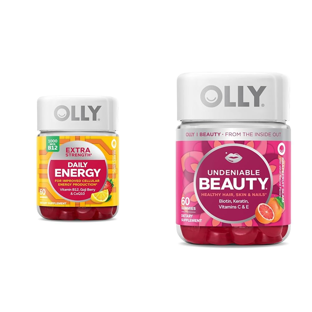 OLLY Extra sterkte dagelijkse energie Gummy, Cafeïnevrij, 1000mcg vitamine B12, CoQ10, Goji Berry & Undeniable Beauty Gummy, voor haar, huid, nagels, biotine, vitamine C, keratine, kauwbare supplement