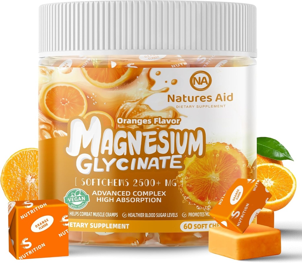 Magnesium Glycinate Zachte Kauwen Supplement,Chewable Suikervrije Kalium Magnesium Kauwen met Magnesium Glycinate, Vitamine D, B6, en CoQ10 voor Kalmte Ondersteuning & Slapen voor Volwassenen, 60 dagen Supply-Orange