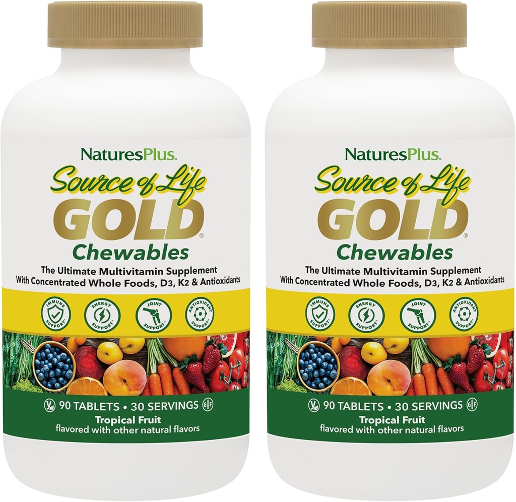 NaturesPlus Bron van het leven Goud Multivitamine - 90 Kauwtabletten, Verpakking van 2 - met vitamine D3, B12, K2 & meer dan 120 Whole Foods - Blood, Bone & Immune Support - Glutenvrij - 60 Totaal porties