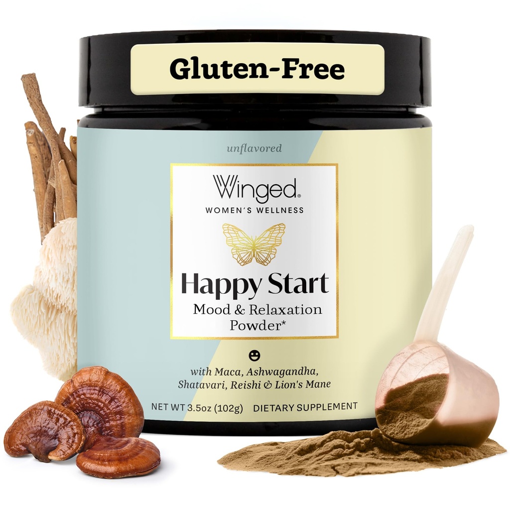 Winged Wellness Happy Start, Mood Boosting Drink Mix Poudre pour femmes - Happy Mind & Hormonal Health, complément de soutien d'humeur avec Maca rouge, Ashwagandha, Champignons et plus - Chocolat, 30 portions