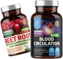 Supplément de circulation sanguine N1N Premium [8 herbes et vitamines puissantes] et capsules de racine de betterave biologique, 1300mg pour soutenir la santé cardiaque, la circulation sanguine et la pression artérielle, 2 packs