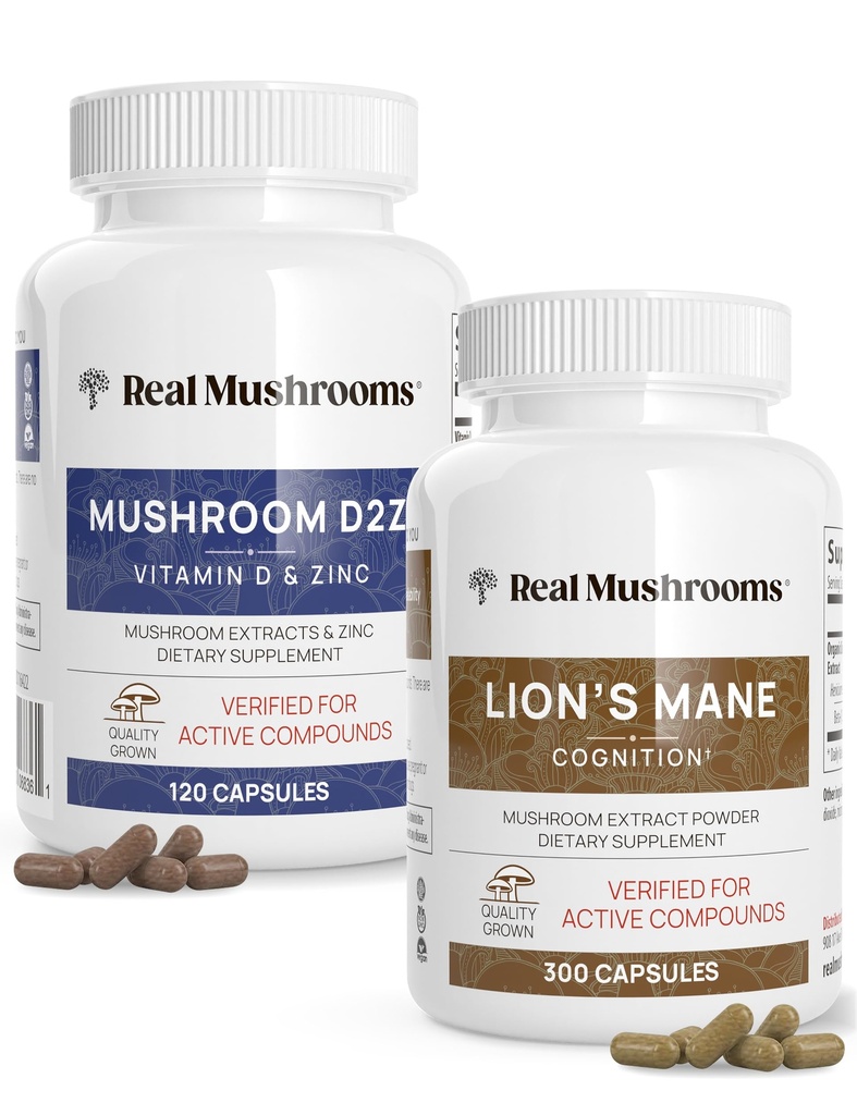 Echt Paddestoelen Vitamine D2, Zink, Chaga, Reishi (120ct) en Lion's Mane (300ct) Bundel - Immuniteit en Cognitieve Ondersteuning, Gecheld Zink voor verbeterde Absorptie - Veganistisch, Glutenvrij, Non-GMO