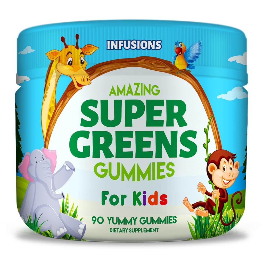 Infusions Super Green Gummies for Kids 90 Comte Superfood Booster Soft and Delicious 8 puissants mélanges Vegan Friendly Gluten Free & Non-OGM