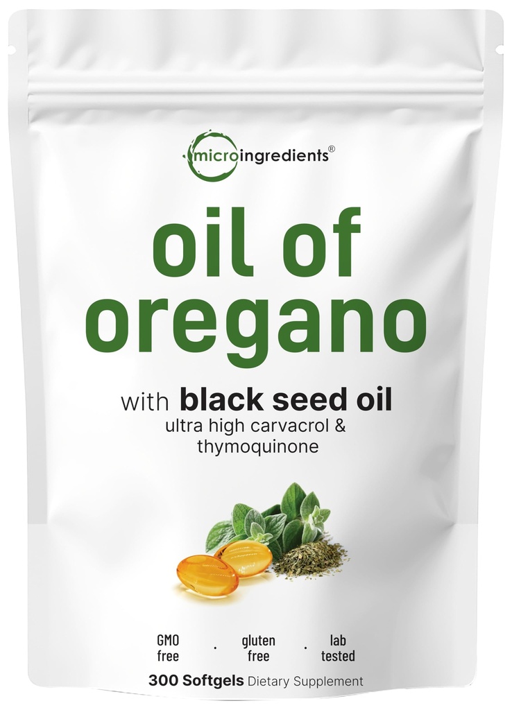 Micro-Ingrediëntenolie van Oregano Softgels, 300 Telling 2 in 1 Geformuleerd met Black Seed Oil, 4X Sterkte Carvacrol & Thymo › Plant Based, Non-GMO, & Immune Support